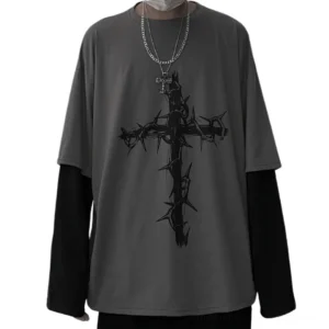 Dark gray gothic cross print sweatshirt for women with thorn cross design, front full view on headless dress form