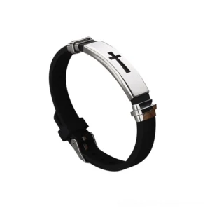 Gothic cross titanium steel silicone bracelet front display view with black silicone strap and silver metal plate
