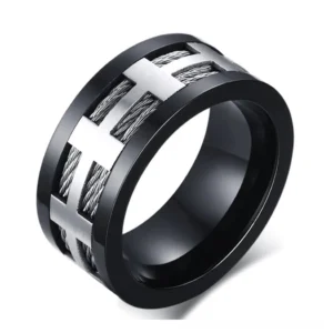 Matte black gothic cross wire ring 316L stainless steel - oblique top view showing intricate twisted wire and brushed silver cross inlay design