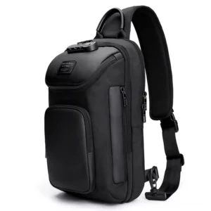 Black gothic sling shoulder bag front three-quarter view with padded strap and coded lock design
