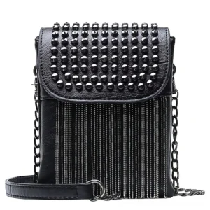 Black studded shoulder bag side front angle showing chain strap and leather construction