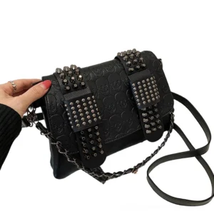 Vintage PU leather crossbody bag side angle - showing rivet strap details and chain shoulder strap option