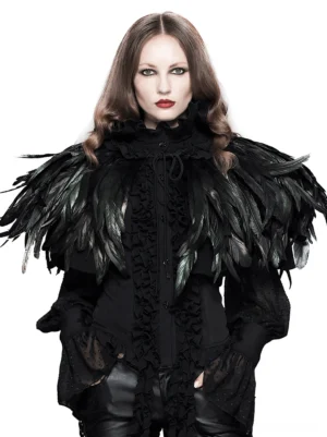 Black gothic crow feather shoulder cape front view on dress form with ruffled lace collar and iridescent feather trim