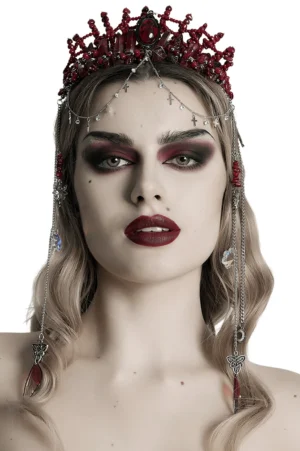 Close-up front view of gothic red crystal crown headpiece showcasing silver cross chains and large central ruby gemstone detail