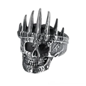 Crowned skull gothic ring stainless steel unisex jewelry left front three-quarter view intricate spiked royal crown
