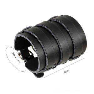 Punk leather wide cuff bracelet with adjustable buckles displaying size and dimension specifications on white background