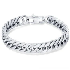 Stainless steel gothic bracelet flat overhead view showing complete closed circular chain link design with polished silver finish