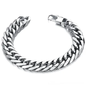 Gothic stainless steel curb chain bracelet displayed from high side angle with open lobster clasp visible, premium polished silver finish