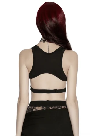 Gothic cutout tank top rear view on model with burgundy hair, adjustable back straps visible