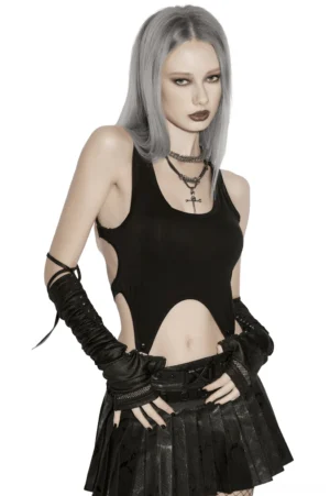 Black lyocell gothic cutout tank top front view on model, midriff cutout design, studio shot