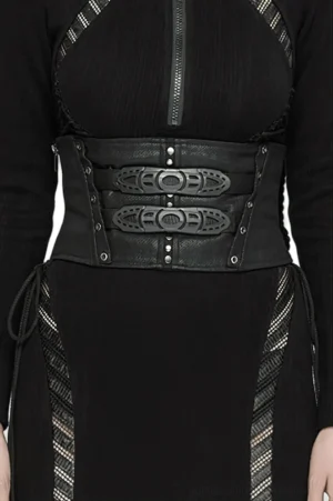 Black gothic cyberpunk waist corset with dual metal buckles worn over long-sleeve dress, front close-up view