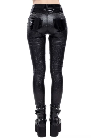 Black slim fit pencil gothic trousers with textured leg fabric and patent leather back pockets - rear full body view