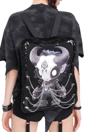 Female model wearing demon skull gothic backpack with fur trim and metal chains, rear full-body view showcasing the bold print design and fluffy trim details