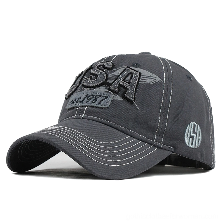 Gray washed denim gothic baseball cap with USA embroidery and contrasting topstitching, front oblique angle