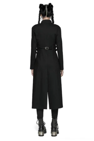Black gothic denim coat rear perspective showing back waist metal buckle and full maxi length