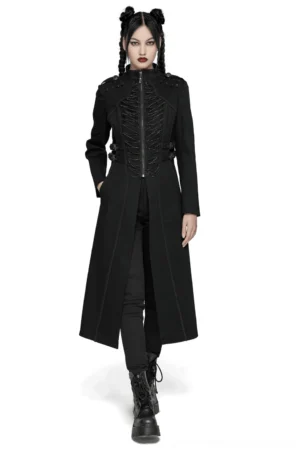 Black gothic denim long coat with chains and buckles front view on model with double buns hairstyle