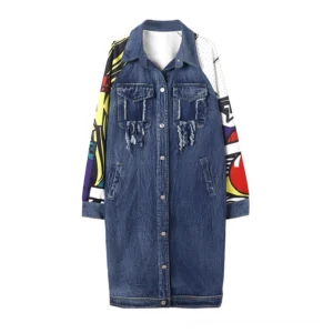Women's long denim coat flat lay showing frayed chest pockets and contrast printed sleeves