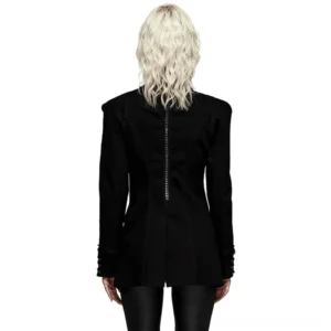 Victorian gothic jacket rear view showcasing full-length zipper closure and sculptural spinal webbing detail