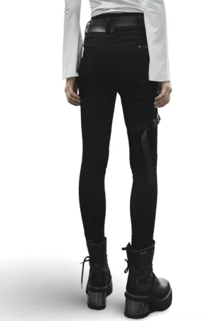 Black gothic slim fit jeans rear view with thigh harness and ankle straps on female model
