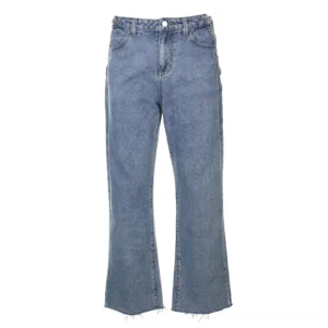 Straight cropped blue denim jeans flat lay display on white background, raw hem detail