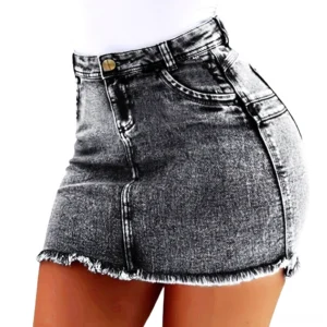 Black acid-wash distressed gothic denim mini skirt with frayed raw hem and high waist, displayed on model showing side front view