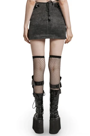 Black mesh fishnet and acid-washed denim gothic mini skirt - back view showing drawstring waist and rear pockets