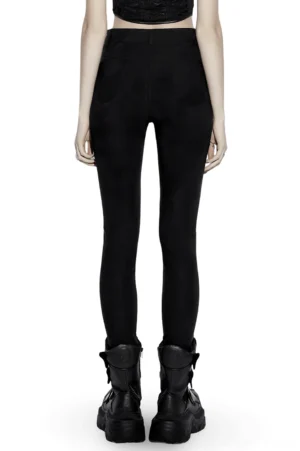 Black gothic buckle skinny denim pants rear full view with slim fit silhouette and platform boots