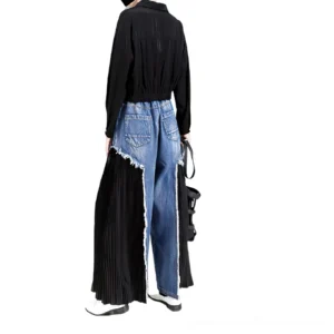 High-waist wide-leg gothic denim trousers rear view displaying distressed back pockets and pleated side panel construction