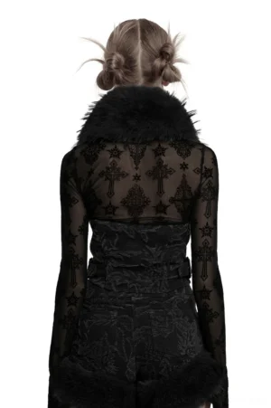 Gothic halter waistcoat with removable fur collar and sheer mesh back detail, back view on model