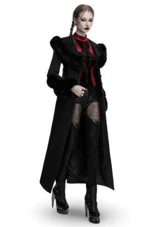 Black gothic two-piece coat showing back lace-up closure and faux fur trim, three-quarter rear view