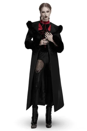 Black gothic detachable two-piece coat with faux fur collar and lace-up back, front full-body view on model