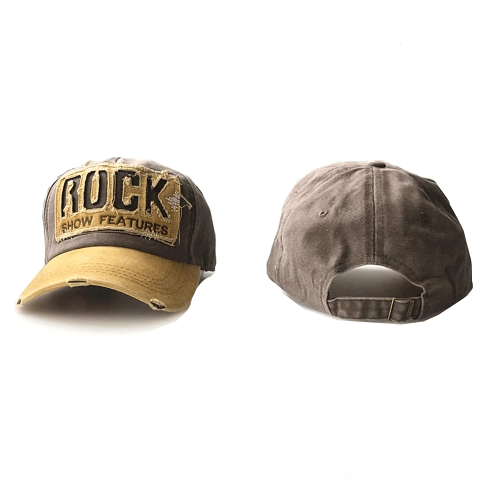 Front view distressed gothic baseball cap with ROCK SHOW FEATURES embroidery, frayed brim and two-tone fabric, alternative style headwear