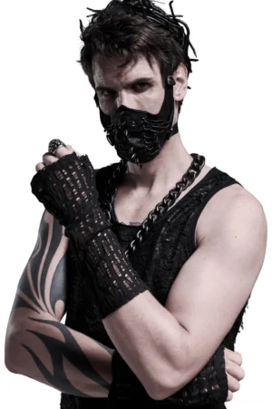 Black distressed mesh fingerless gloves front view with matching gothic face mask on tattooed male model