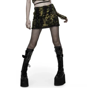 Black cross gothic distressed knit mini skirt front three-quarter view on model with ripped mesh fabric and tie-dye pattern