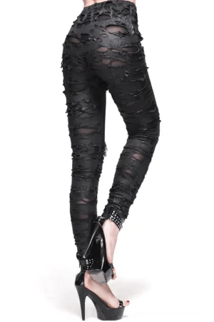 Black gothic leggings rear view with studded ankle straps and platform heels worn by female model