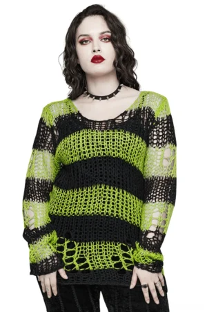 Black and neon green distressed mohair striped gothic pullover sweater front view on plus-size model