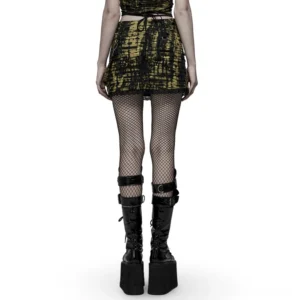 Black cross distressed mini skirt back view on model with fishnet stockings and platform boots
