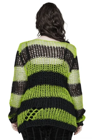 Back view of black and green distressed striped mohair gothic sweater showing ripped hem detail and mesh pattern