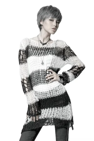 Black and white striped gothic distressed sweater front three-quarter view on model, showcasing cutout sleeves and asymmetrical hem