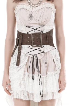 Front view of Victorian gothic double buckle corset belt worn on female model, brown faux leather with bronze buckles and front lace-up detail