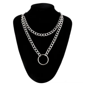 Double layer silver chain gothic choker necklace with round pendant displayed on black mannequin
