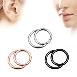 Double layer hinged segment clicker nose hoop ring - silver, black, and rose gold color options displayed with wearing reference on model