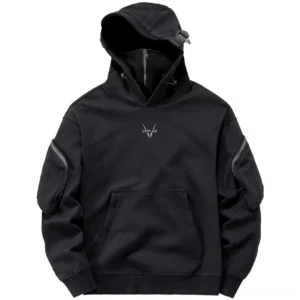Double neckline gothic hoodie front view with functional sleeve pockets and kangaroo pocket detail