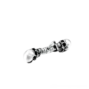 Double skull pendant necklace side view, antique silver stainless steel gothic memento mori jewelry