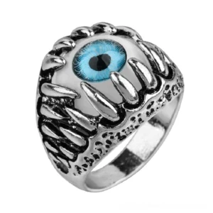 Dragon claw evil eye gothic ring blue resin front view vintage silver alloy statement jewelry