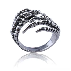 Resizable gothic dragon claw ring - top side profile showcasing bone-textured multi-claw structure and vintage silver patina