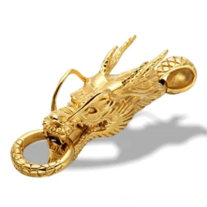 Aged gold dragon head pendant necklace with intricate sculpted dragon face, gothic stainless steel jewelry on white backdrop