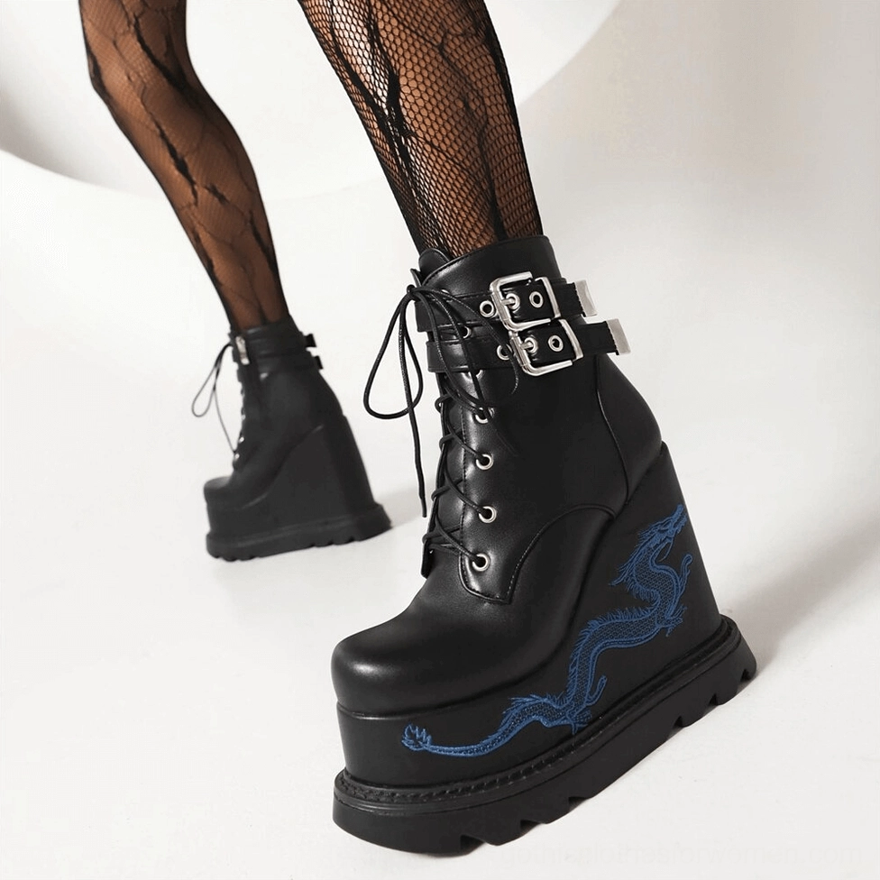 Dragon embroidered goth platform ankle boots complete overview with multiple detail angles