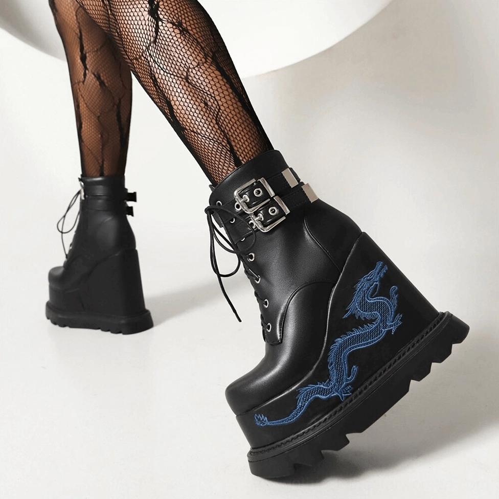 Gothic dragon platform wedge boots detailed view of embroidery design and leather finish
