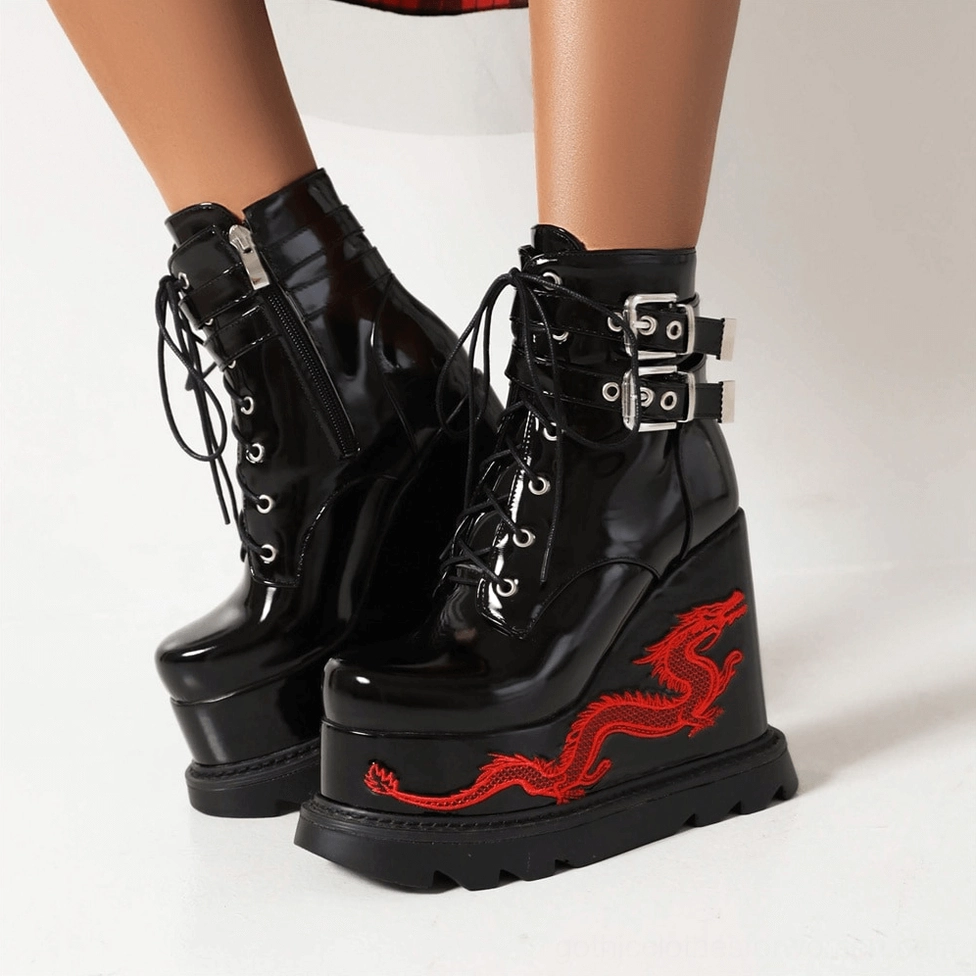 Gothic dragon platform wedge boots heel profile and platform height showcase